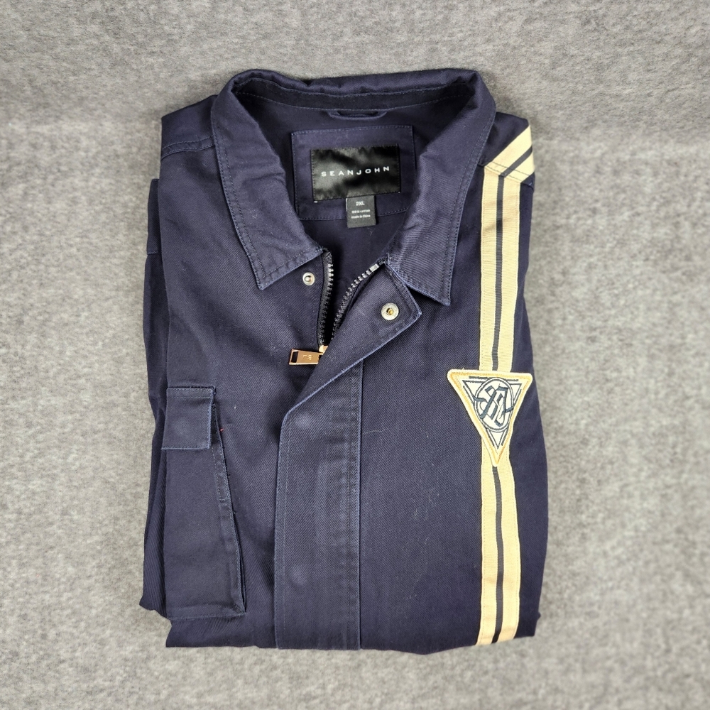 Sean John Military Patch Jacket Mens 2XL Navy Blue Full Zip Multi Pocket Cotton